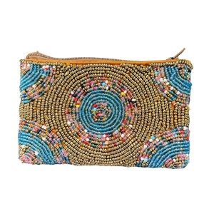 Hand Made Beaded Textured Colorful Shiny Full Zip Beautiful Golden Coin Purse